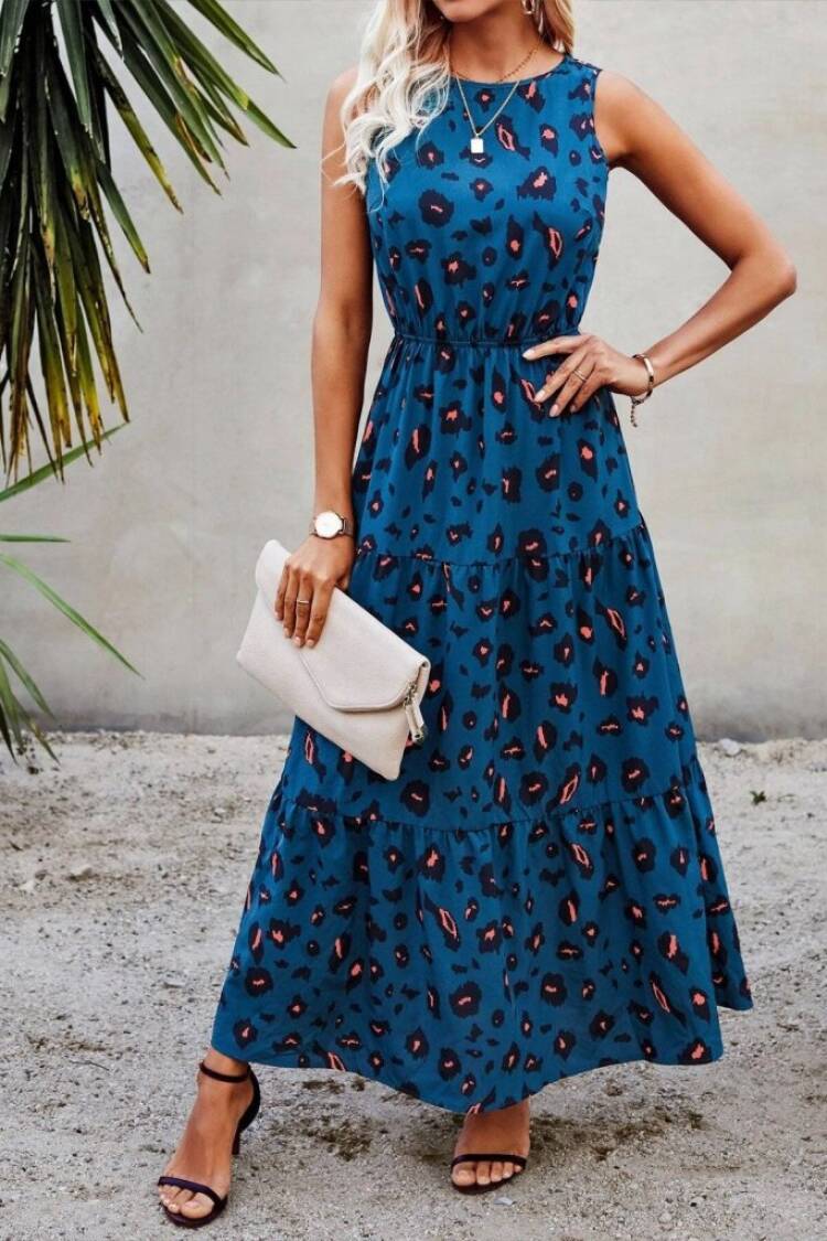 Women's Sleeveless Crew Neck Elastic Waist Patterned Suprem Dress