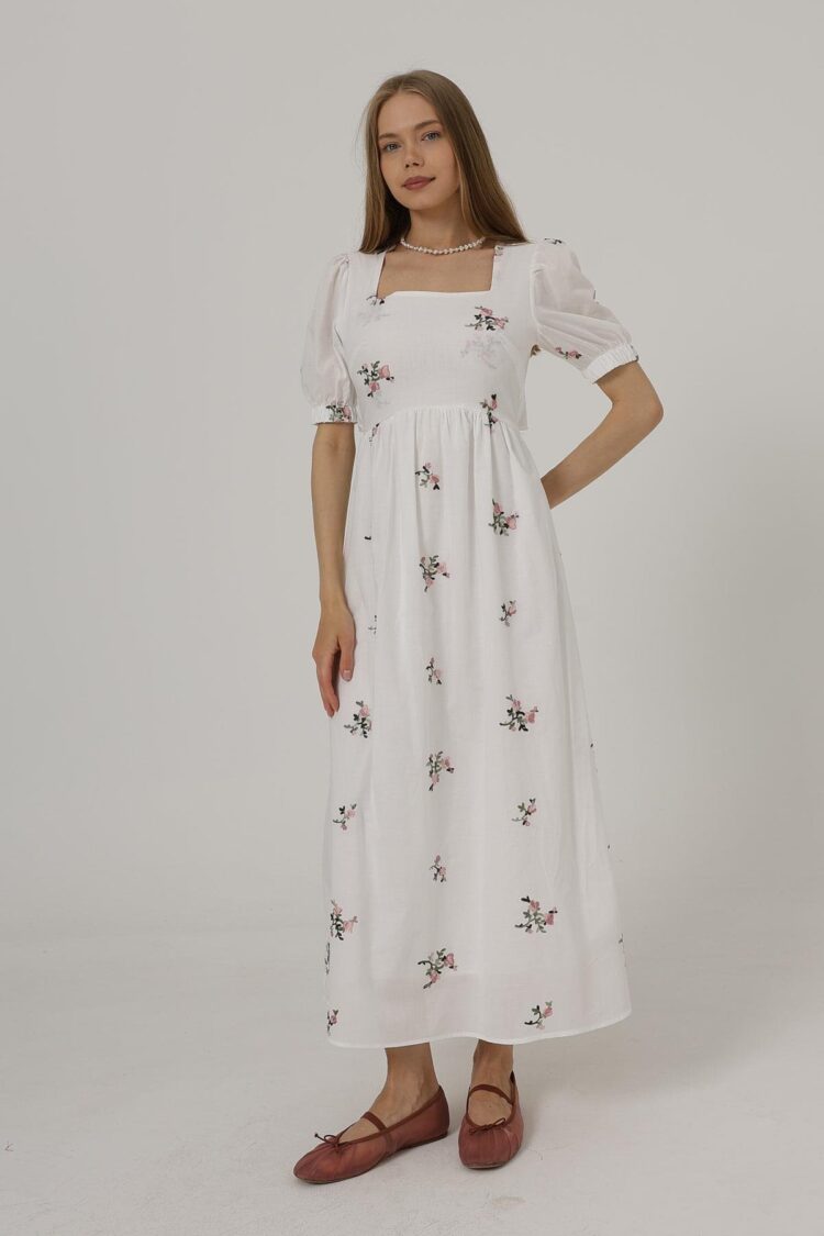 Embroidered Back Bow Tie Dress - White
