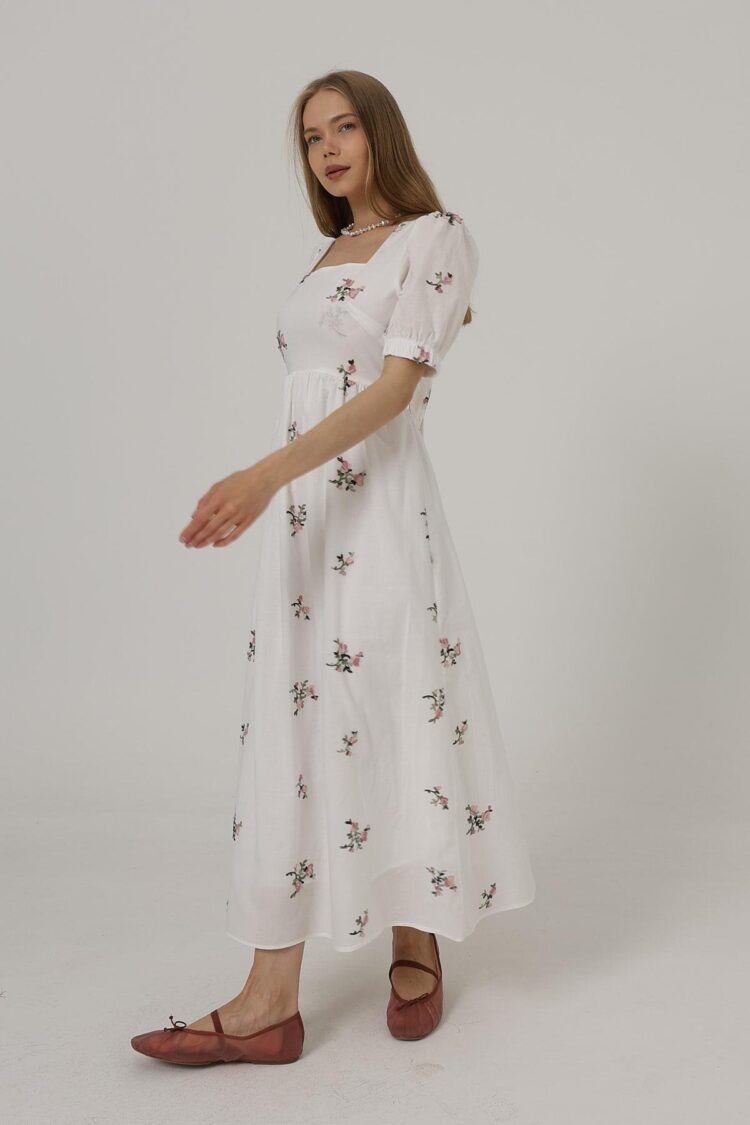 Embroidered Back Bow Tie Dress - White
