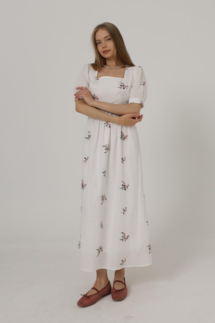 Embroidered Back Bow Tie Dress - White