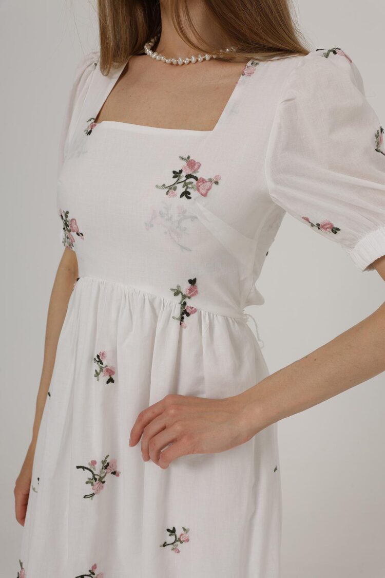 Embroidered Back Bow Tie Dress - White