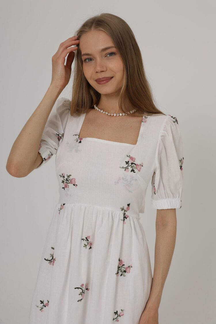 Embroidered Back Bow Tie Dress - White