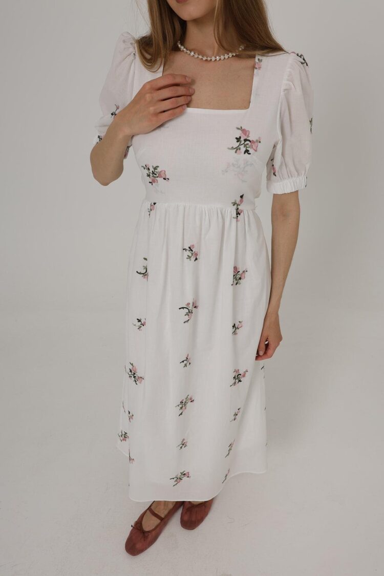 Embroidered Back Bow Tie Dress - White