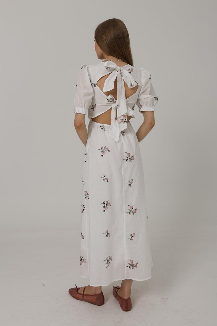 Embroidered Back Bow Tie Dress - White