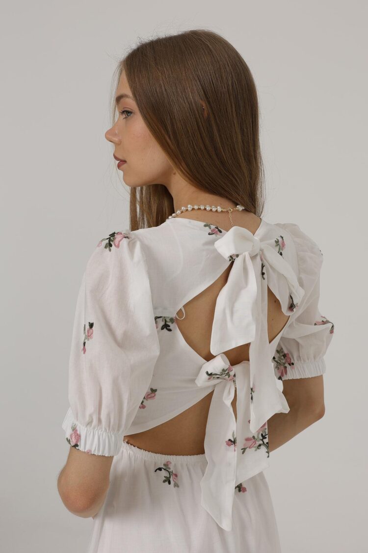 Embroidered Back Bow Tie Dress - White