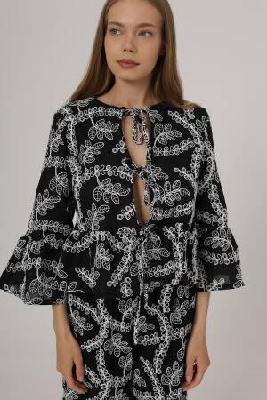 Bow Tie Embroidered Blouse - Brand: Reyon - Women's Clothing Wholesale - Globality Store