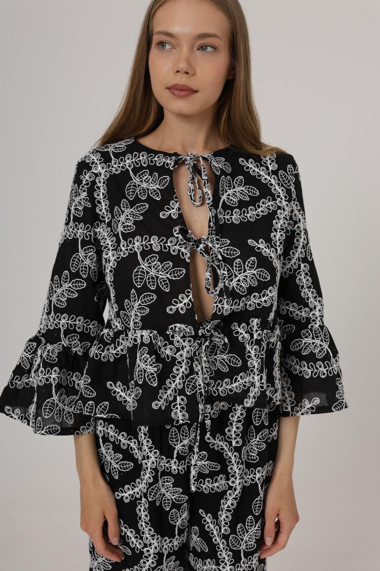 Bow Tie Embroidered Blouse