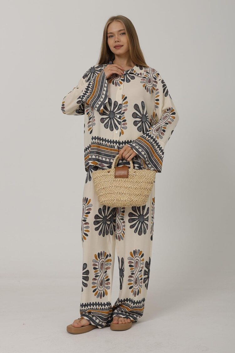 Patterned Sleeves Ruffle Trousers Set - Brand: Reyon - Women's Clothing Wholesale - Globality Store