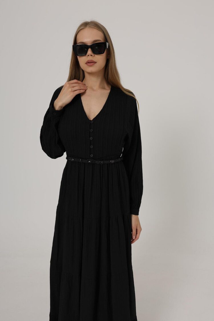 Half Button Front Long Sleeve Belted Dress