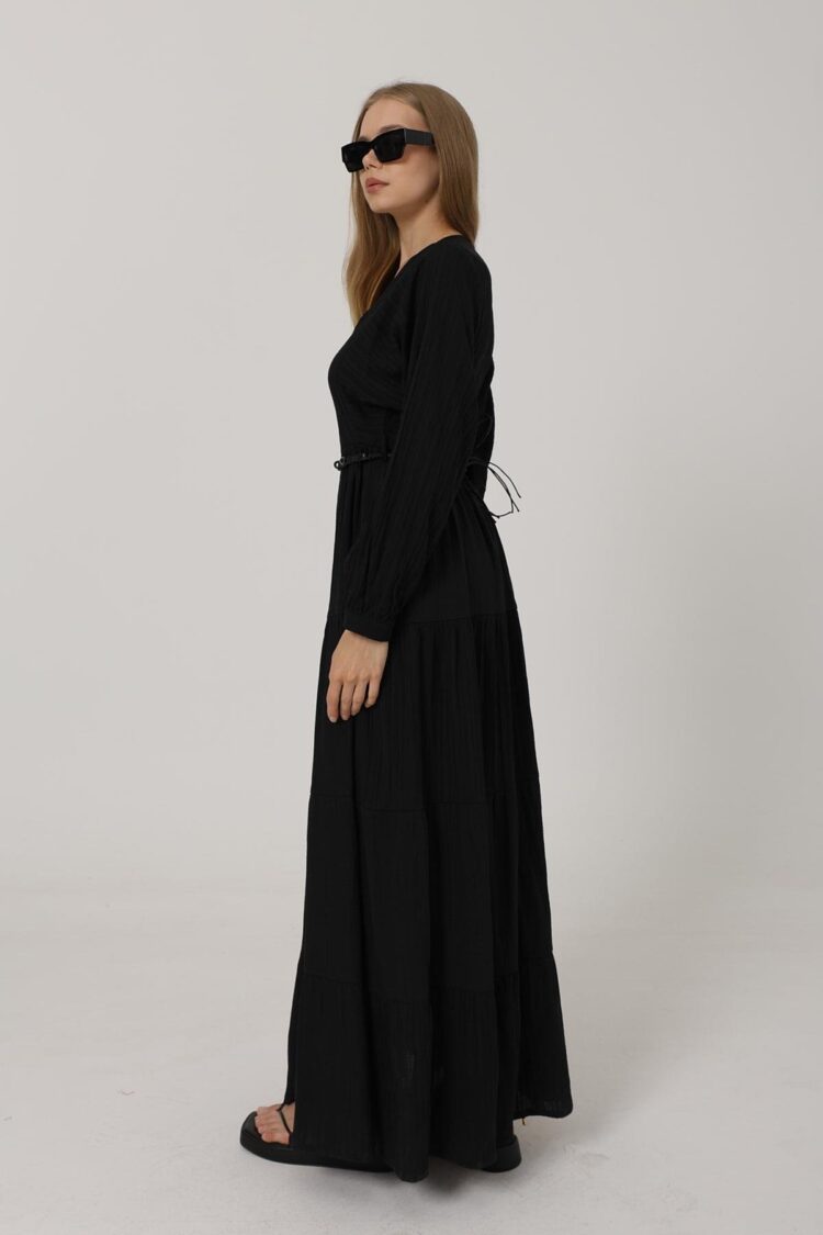 Half Button Front Long Sleeve Belted Dress
