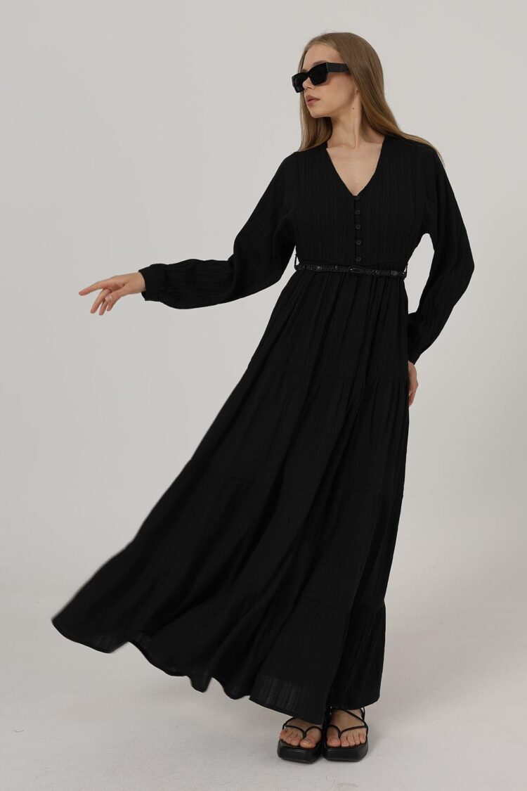 Half Button Front Long Sleeve Belted Dress