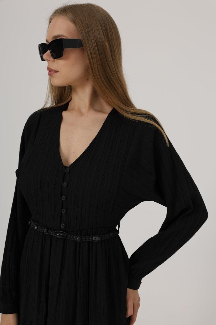 Half Button Front Long Sleeve Belted Dress