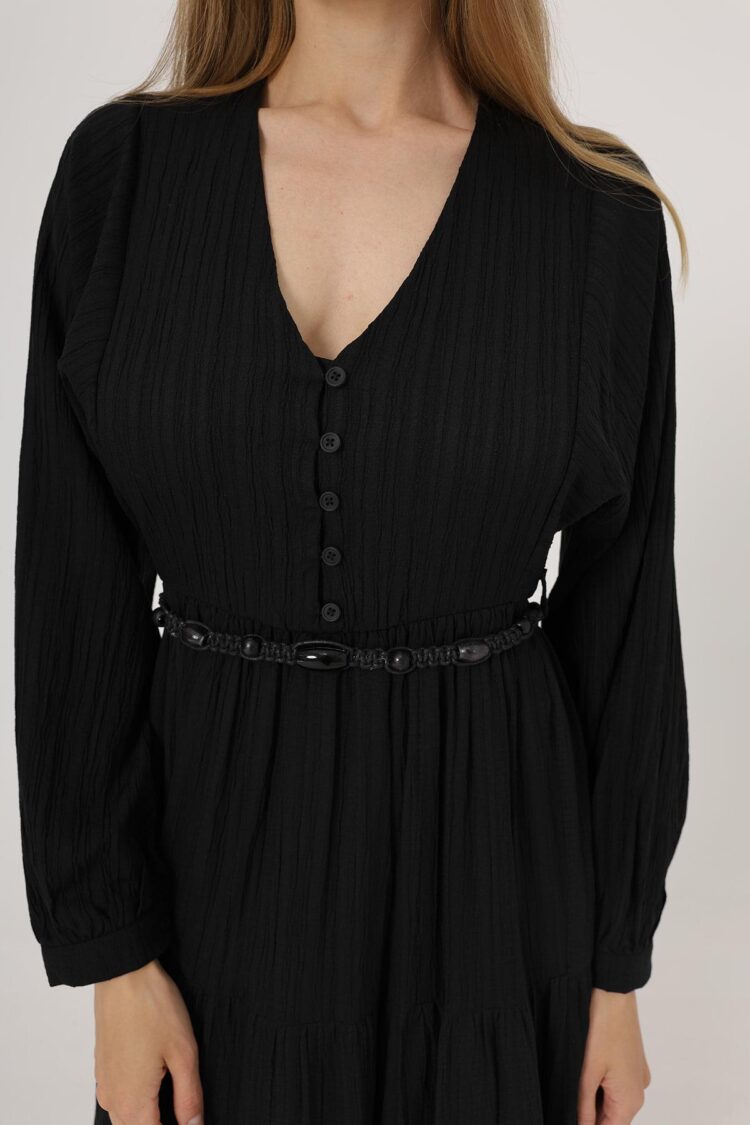 Half Button Front Long Sleeve Belted Dress