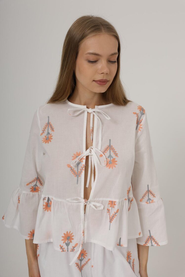 Bow Tie Embroidered Blouse
