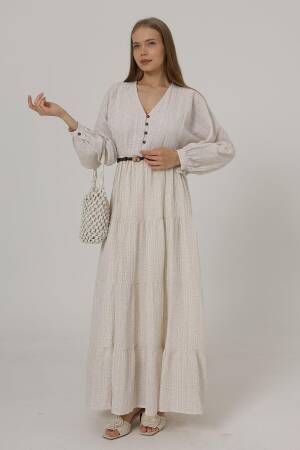 Long Sleeve Belted Dress With Half Button Front - Natural - Brand: Reyon - Women's Clothing Wholesale - Globality Store