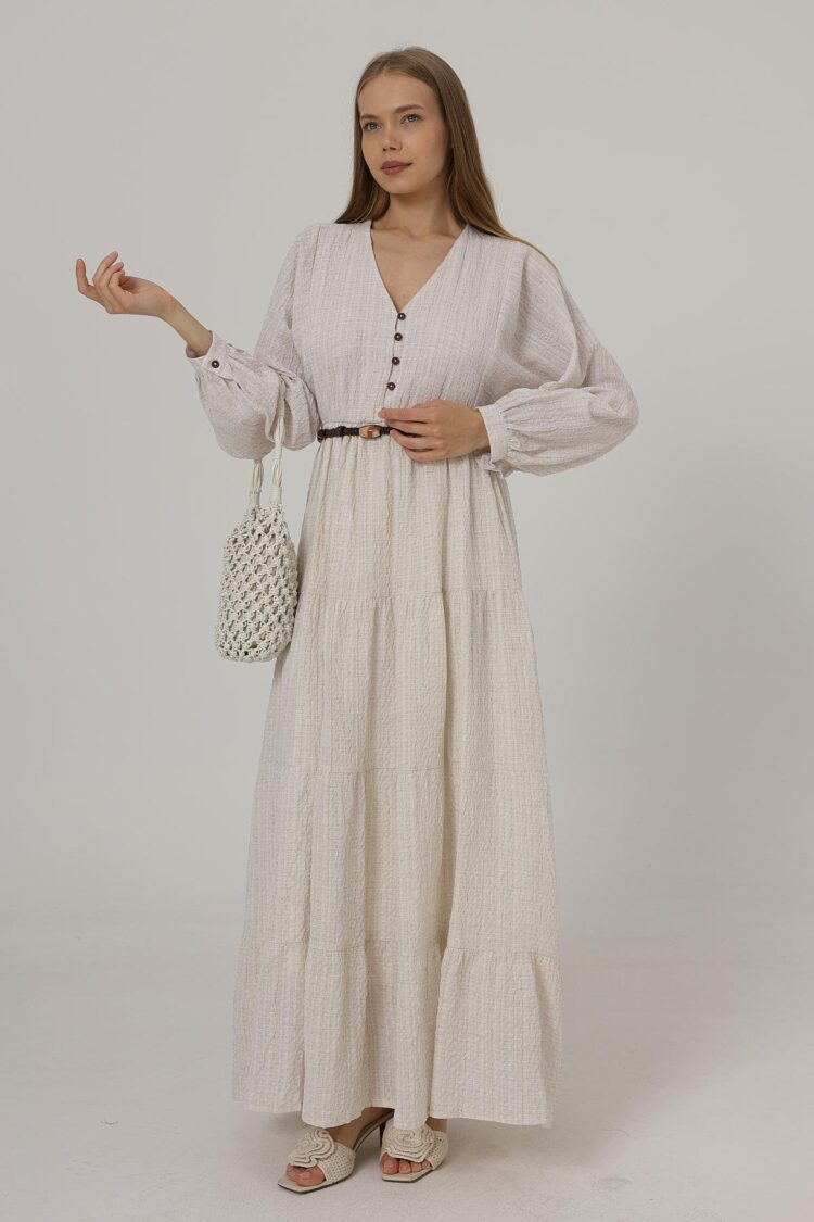 Long Sleeve Belted Dress With Half Button Front - Natural - Brand: Reyon - Women's Clothing Wholesale - Globality Store
