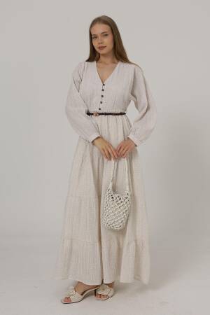 Long Sleeve Belted Dress With Half Button Front - Natural - Brand: Reyon - Women's Clothing Wholesale - Globality Store