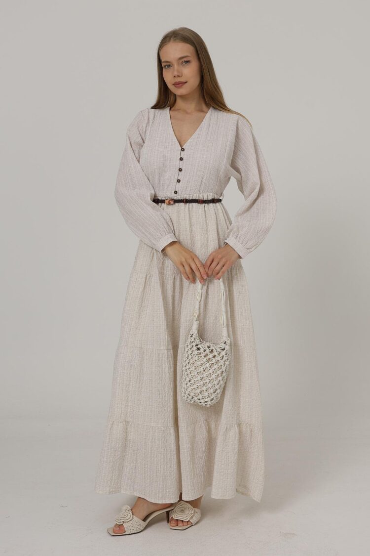 Long Sleeve Belted Dress With Half Button Front - Natural