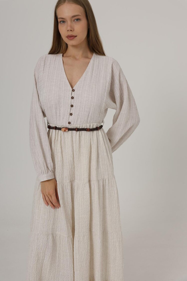 Long Sleeve Belted Dress With Half Button Front - Natural