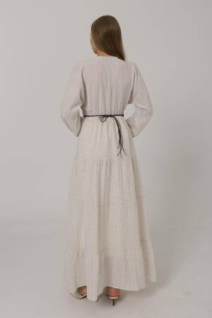 Long Sleeve Belted Dress With Half Button Front - Natural - Brand: Reyon - Women's Clothing Wholesale - Globality Store