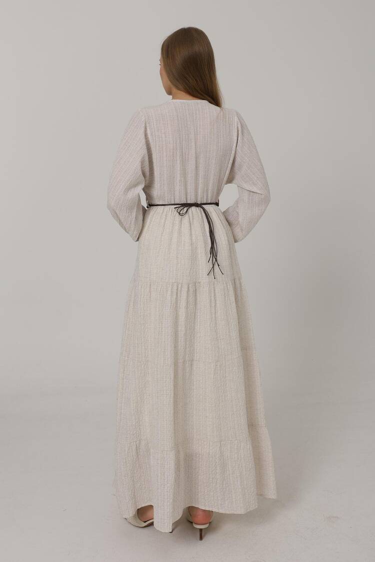Long Sleeve Belted Dress With Half Button Front - Natural