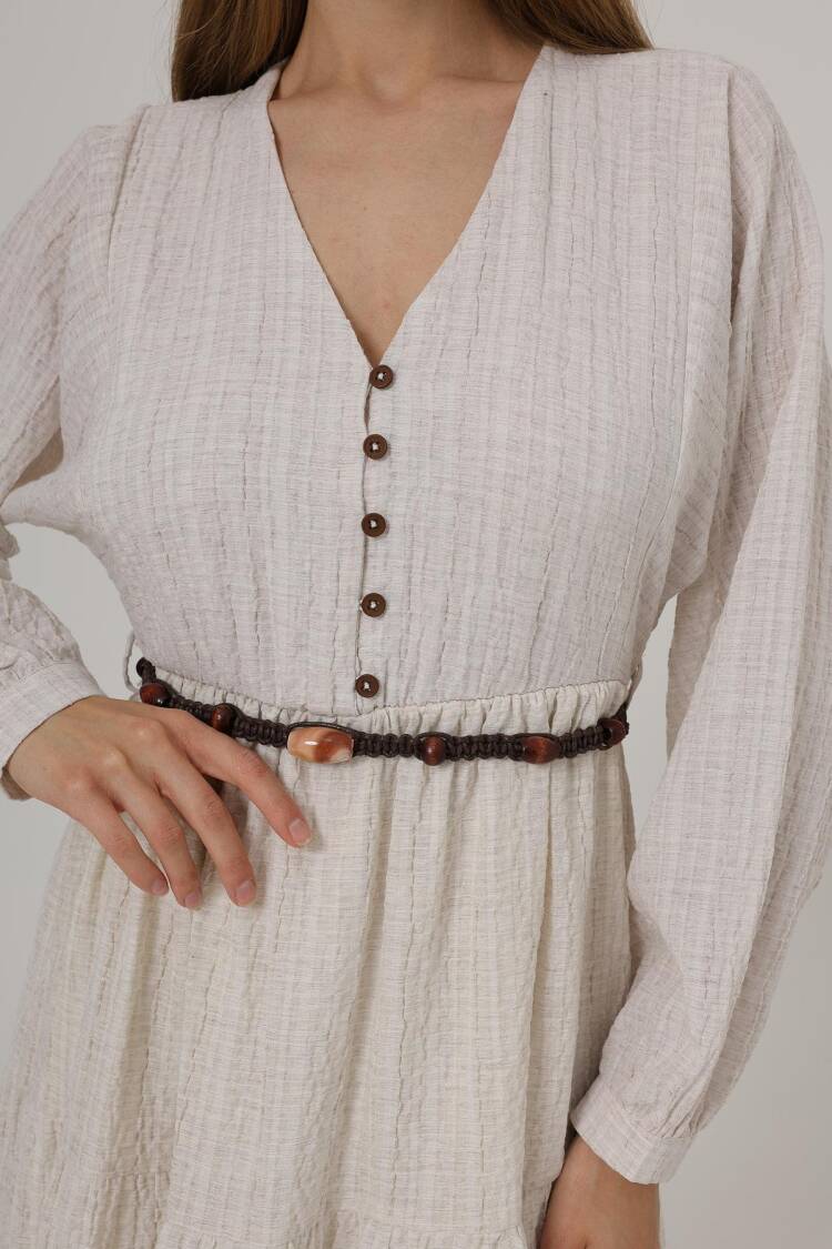 Long Sleeve Belted Dress With Half Button Front - Natural