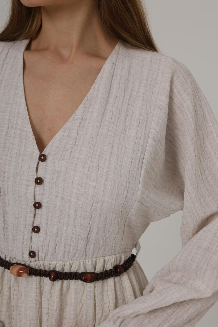 Long Sleeve Belted Dress With Half Button Front - Natural