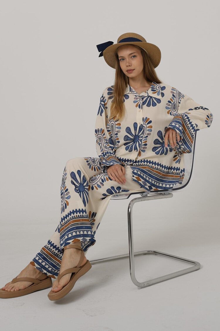 Patterned Sleeves Ruffle Trousers Suit - Brand: Reyon - Women's Clothing Wholesale - Globality Store