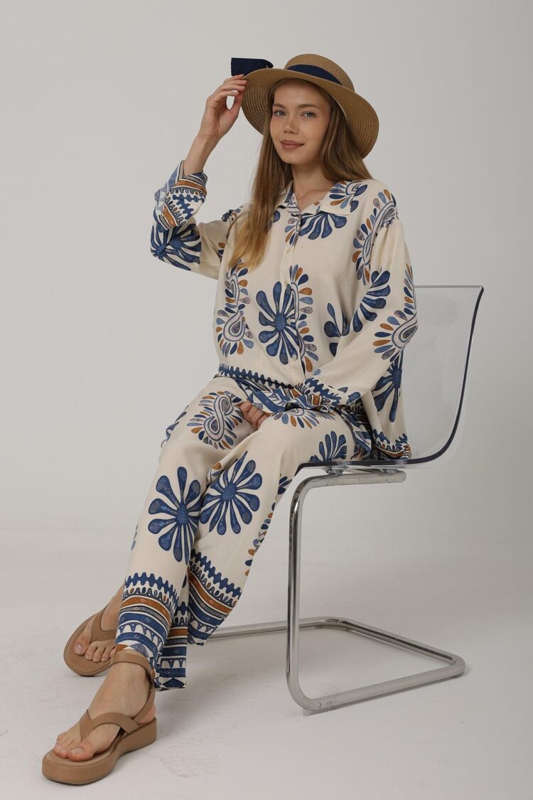 Patterned Sleeves Ruffle Trousers Suit