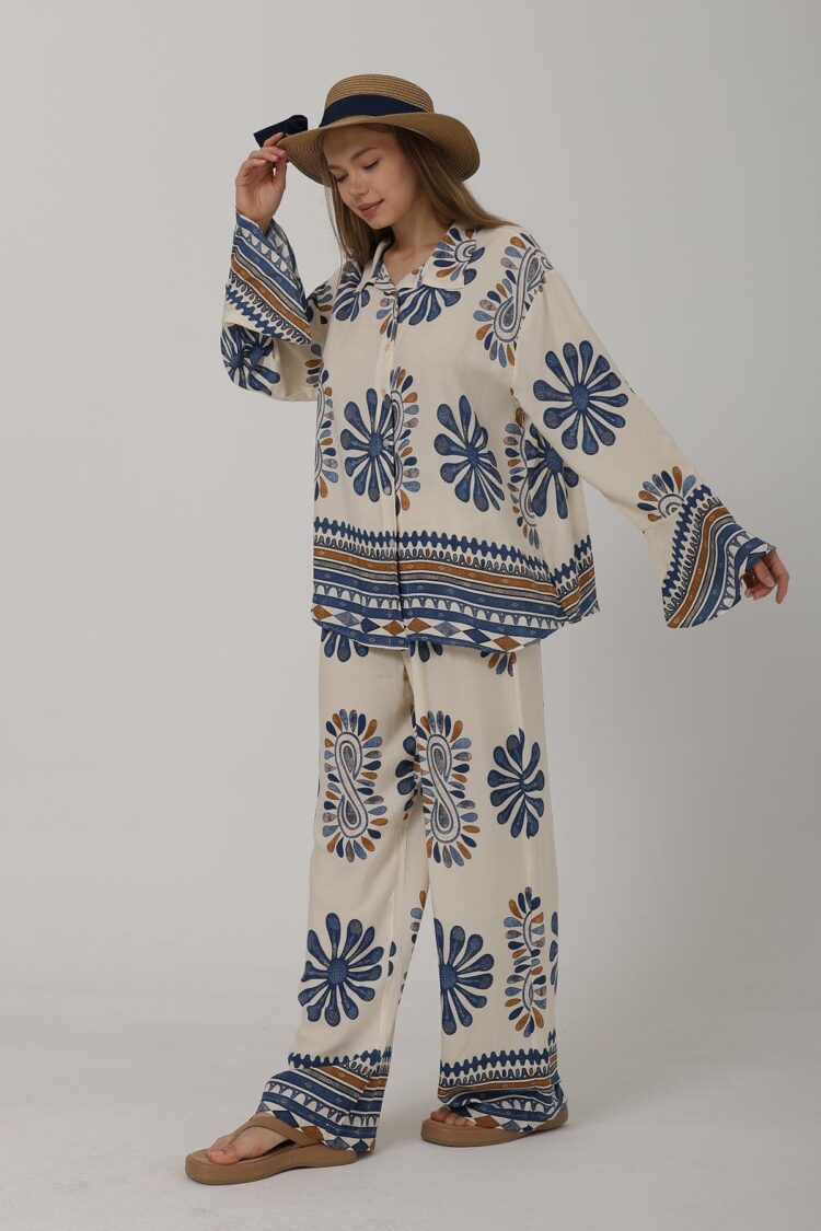 Patterned Sleeves Ruffle Trousers Suit
