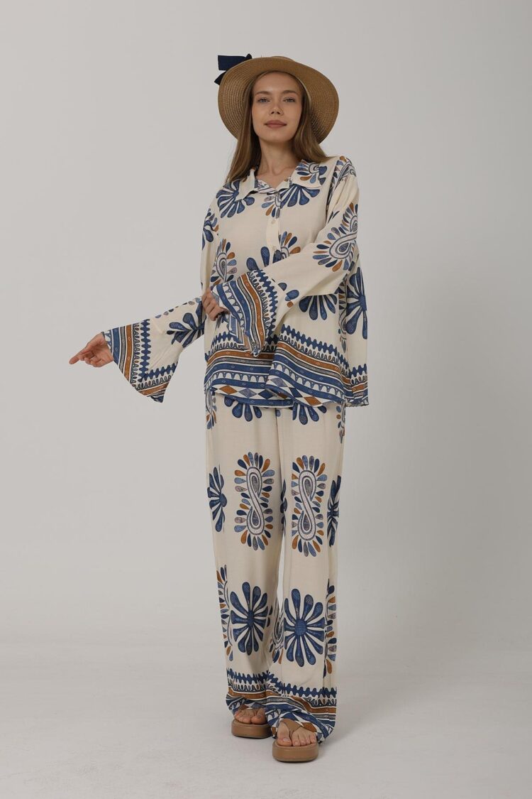 Patterned Sleeves Ruffle Trousers Suit