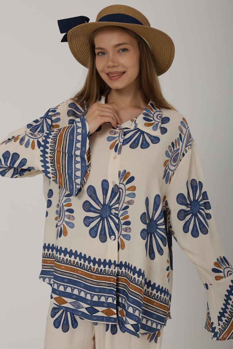 Patterned Sleeves Ruffle Trousers Suit