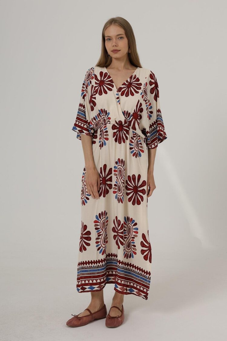 Patterned Half Sleeve Dress - Red - Brand: Reyon - Women's Clothing Wholesale - Globality Store