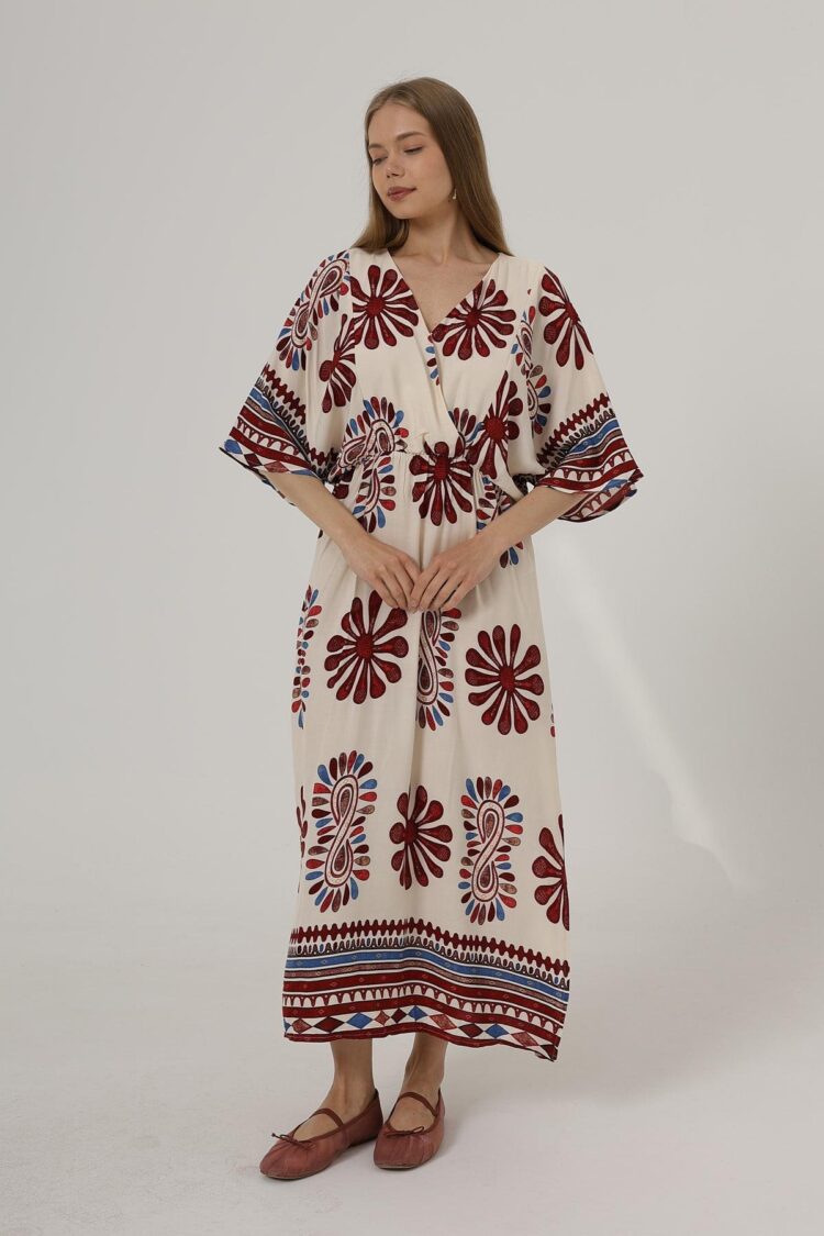 Patterned Half Sleeve Dress - Red