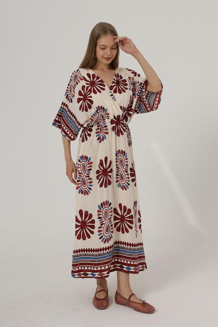 Patterned Half Sleeve Dress - Red