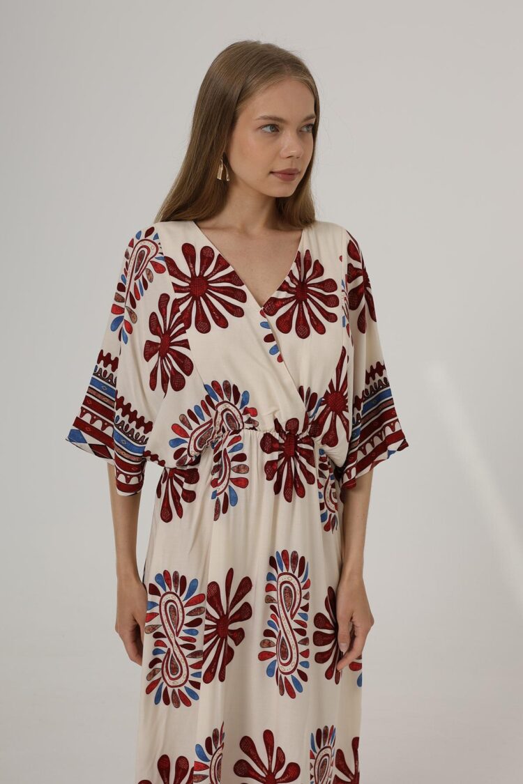 Patterned Half Sleeve Dress - Red