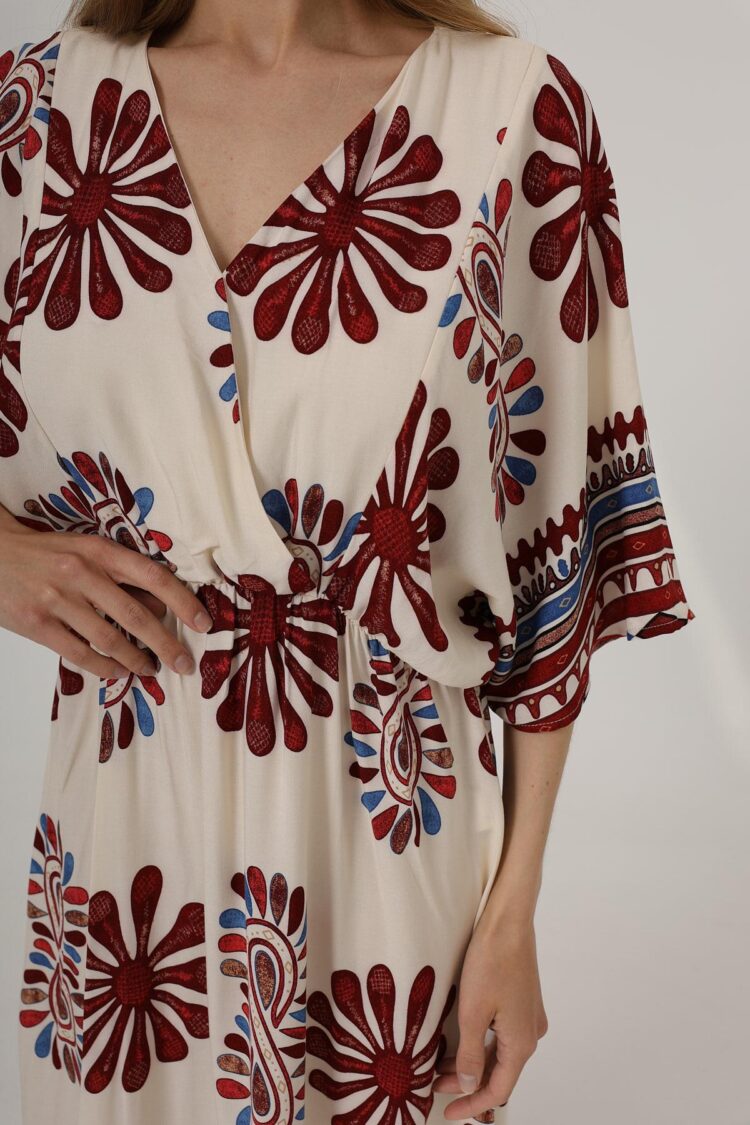 Patterned Half Sleeve Dress - Red