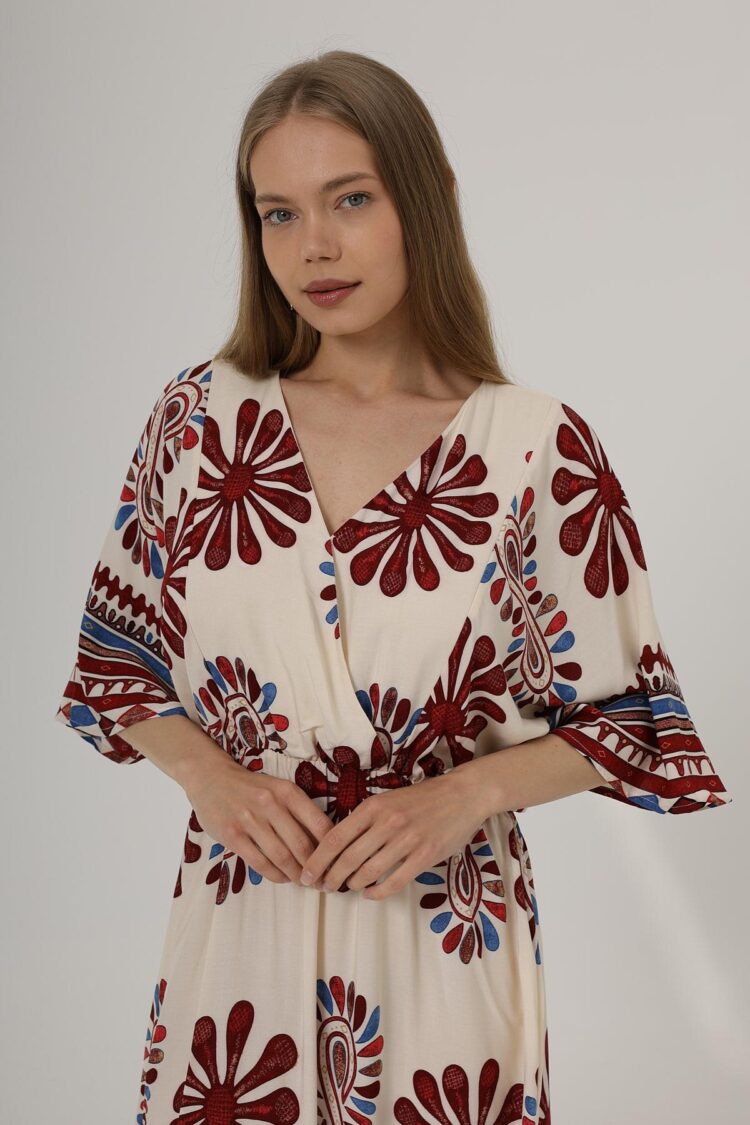 Patterned Half Sleeve Dress - Red