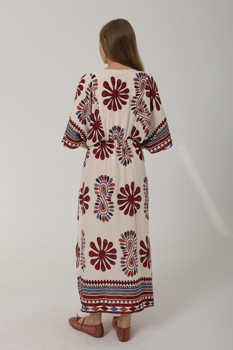 Patterned Half Sleeve Dress - Red