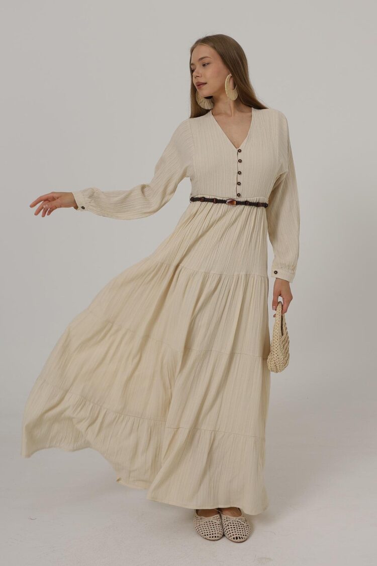 Half Button Front Long Sleeve Belted Dress - Brand: Reyon - Women's Clothing Wholesale - Globality Store