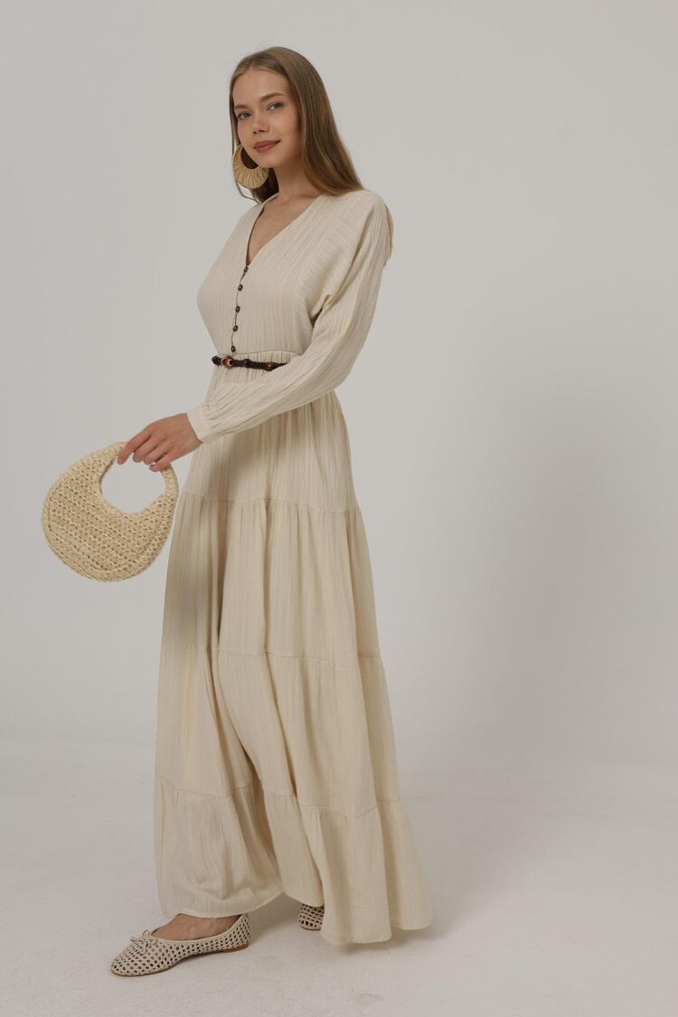 Half Button Front Long Sleeve Belted Dress
