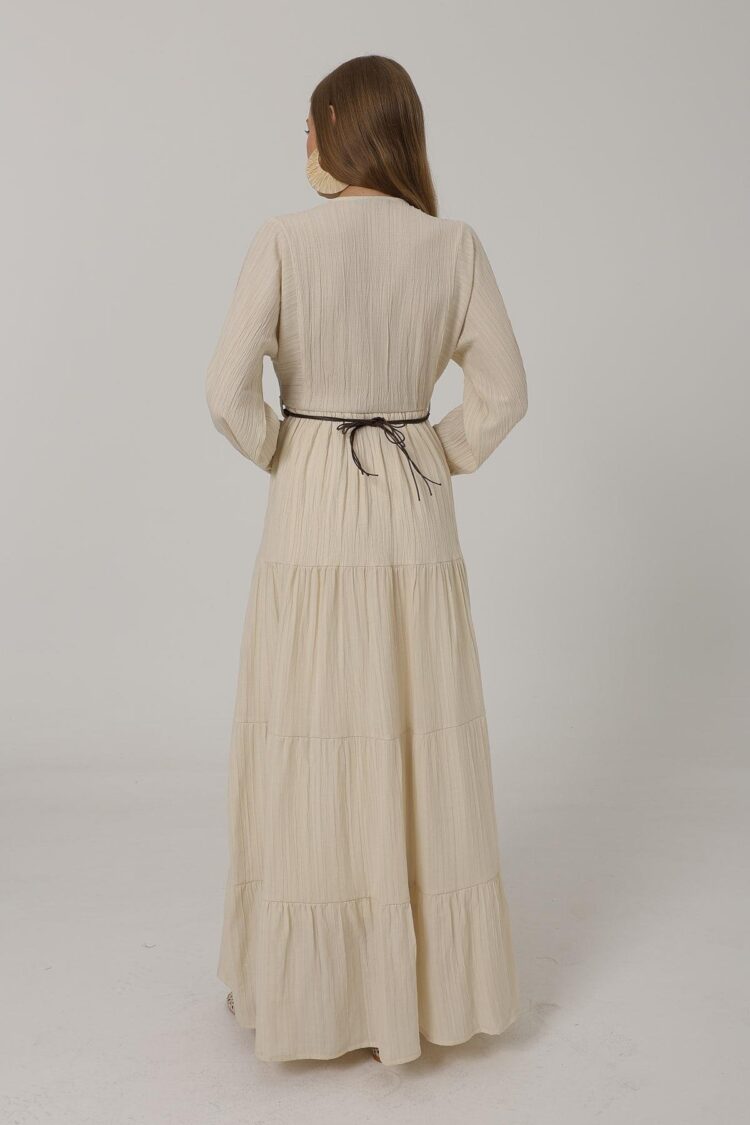Half Button Front Long Sleeve Belted Dress