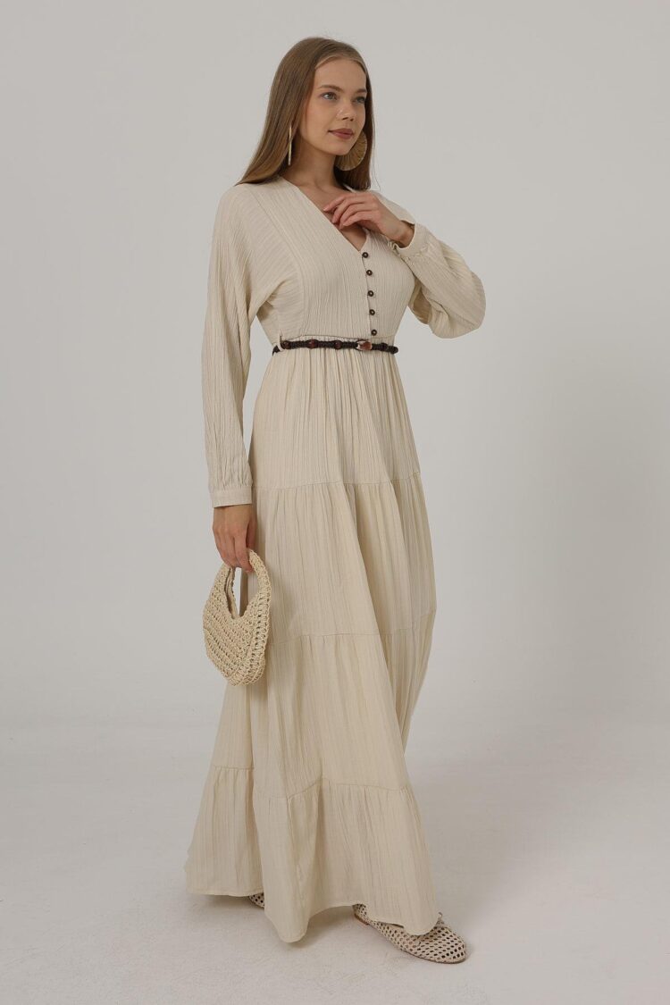 Half Button Front Long Sleeve Belted Dress