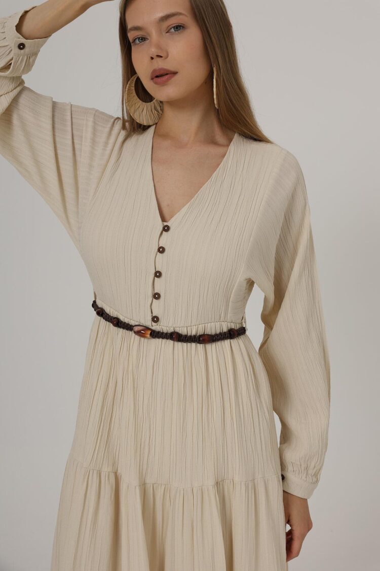 Half Button Front Long Sleeve Belted Dress