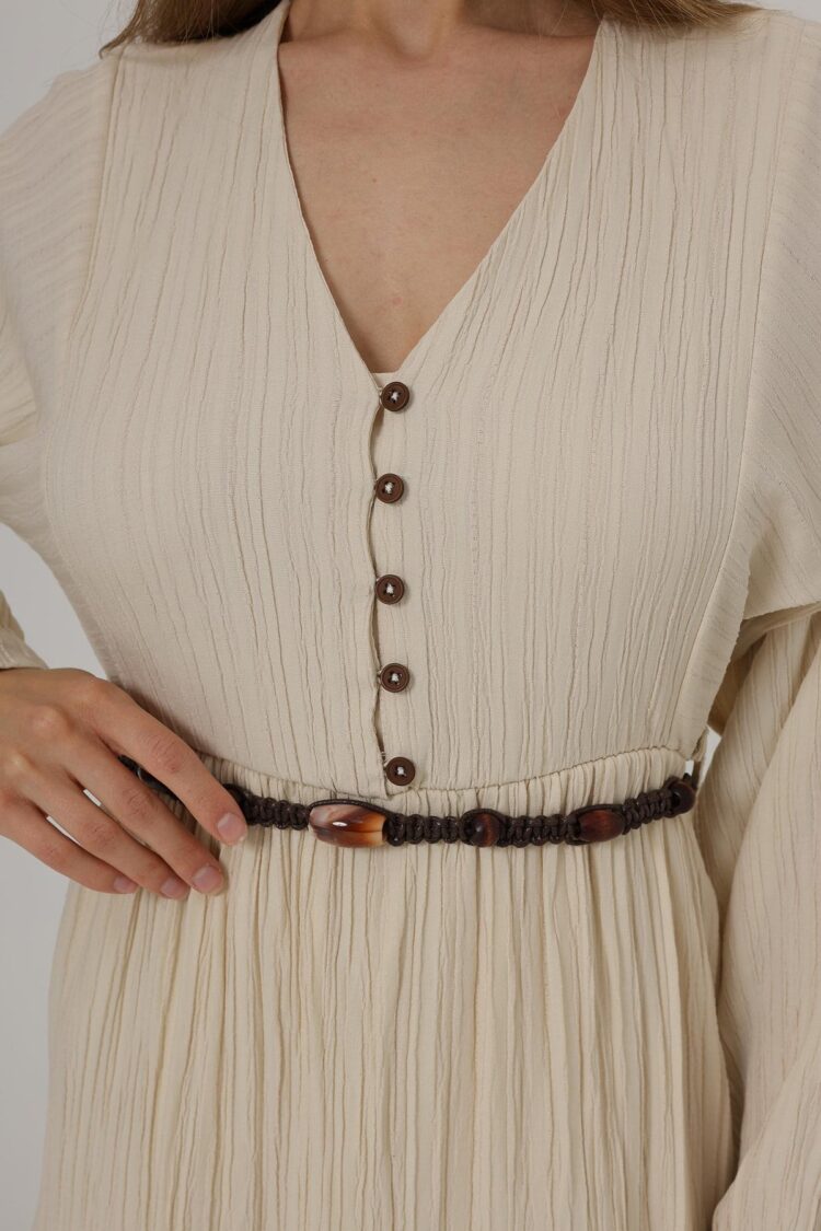 Half Button Front Long Sleeve Belted Dress