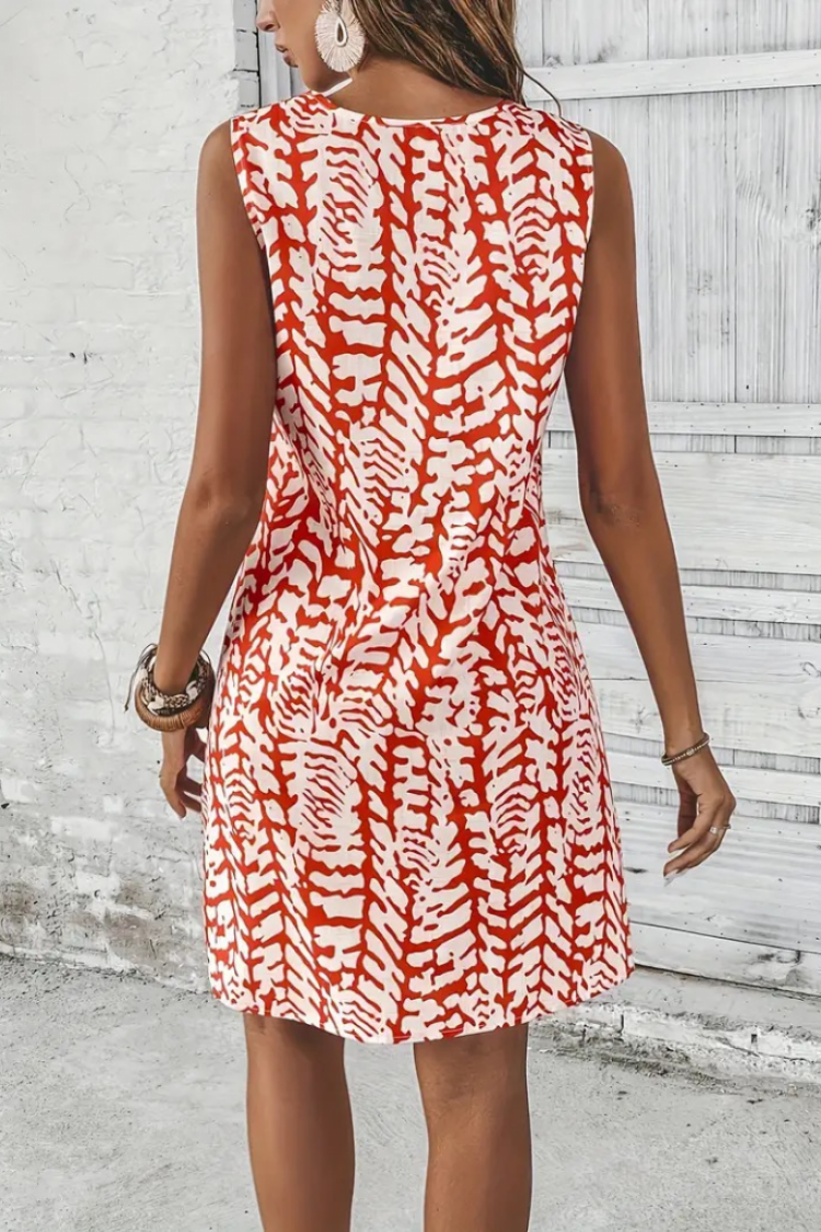 Women's Zero Sleeve Collar Hoop Detailed Patterned Short Dress