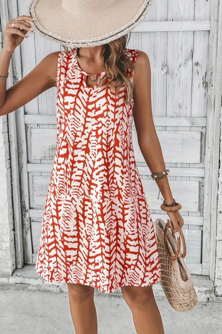 Women's Zero Sleeve Collar Hoop Detailed Patterned Short Dress