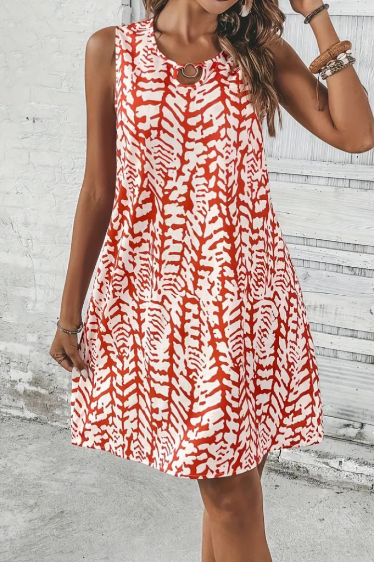 Women's Zero Sleeve Collar Hoop Detailed Patterned Short Dress