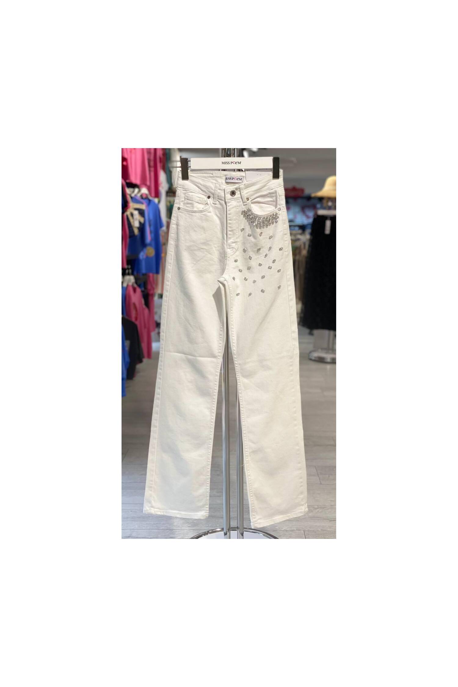 Left Pocket Stone Detailed White Denim Pants - Brand: MISS POEM - Women's Clothing Wholesale - Globality Store