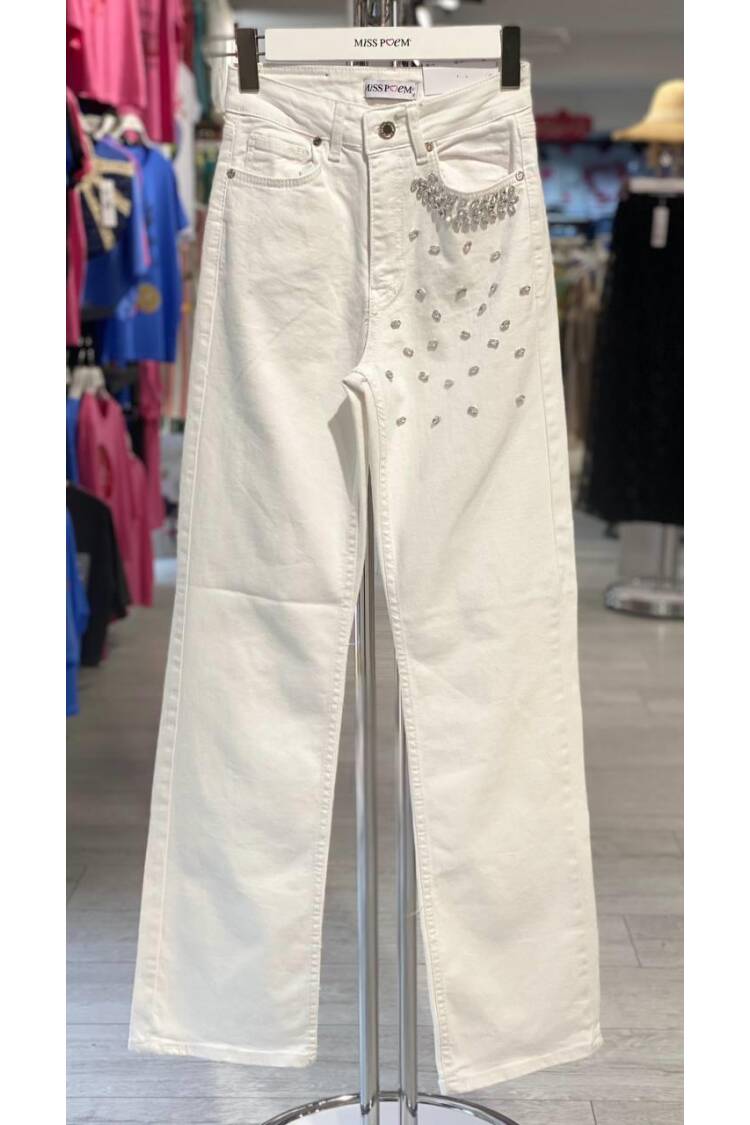 Left Pocket Stone Detailed White Denim Pants - Brand: MISS POEM - Women's Clothing Wholesale - Globality Store